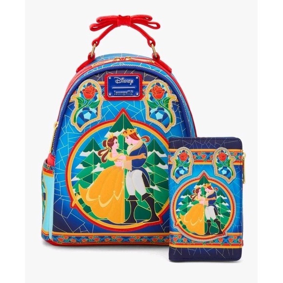 NWT Loungefly Disney Beauty‎ And The Beast Stained Glass Backpack & WALLET